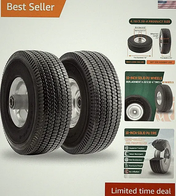 Durable 10" Solid Tires with 2.2" Offset Hub - Flat Free Gardening Wheel Set