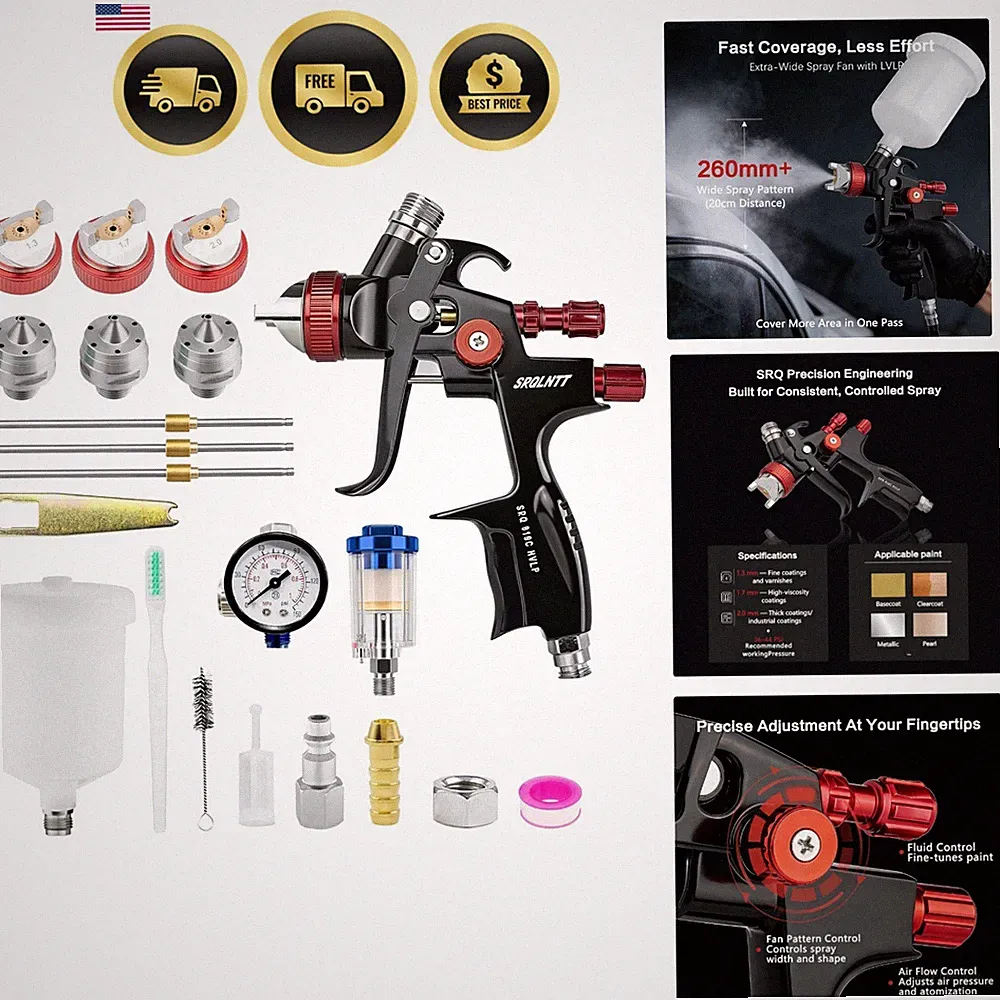 HVLP Air Spray Gun Kit Automotive Paint Nozzle Set 600ml Aluminum