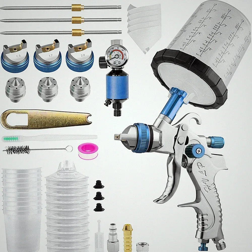 HVLP Professional Paint Spray Gun w Air Pressure Regulator 1.3/1.7/2.0mm Nozzles