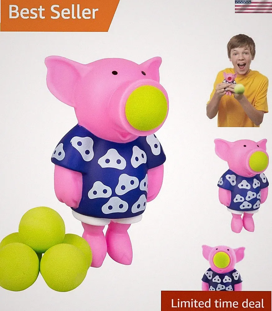 Pig Ball Popper Toy - Includes 4 Soft Foam Balls - Squeeze to Pop Air Powered...
